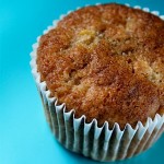 Rhubarb Muffins - a single muffin on blue background
