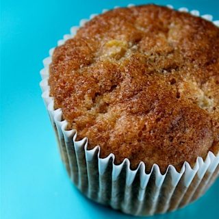 Rhubarb Muffins - a single muffin on blue background