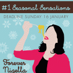 Vector image of Nigella Lawson eating spaghetti with text referring to a food blog recipe event.