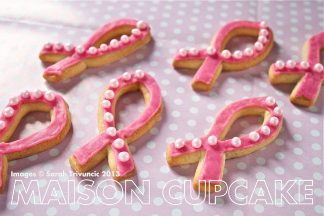 Pink Ribbon Cookies for October Breast Cancer Awareness Month by development.maisoncupcake.com #cookies #sugarcraft #ribbon