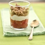 Rhubarb Quark Pudding Pots - Quick Easy Dessert Recipe in small glass pot with small spoon upon green napkins.