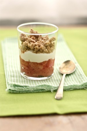 Rhubarb Quark Pudding Pots - Quick Easy Dessert Recipe in small glass pot with small spoon upon green napkins.