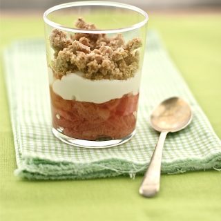 Rhubarb Quark Pudding Pots - Quick Easy Dessert Recipe in small glass pot with small spoon upon green napkins.