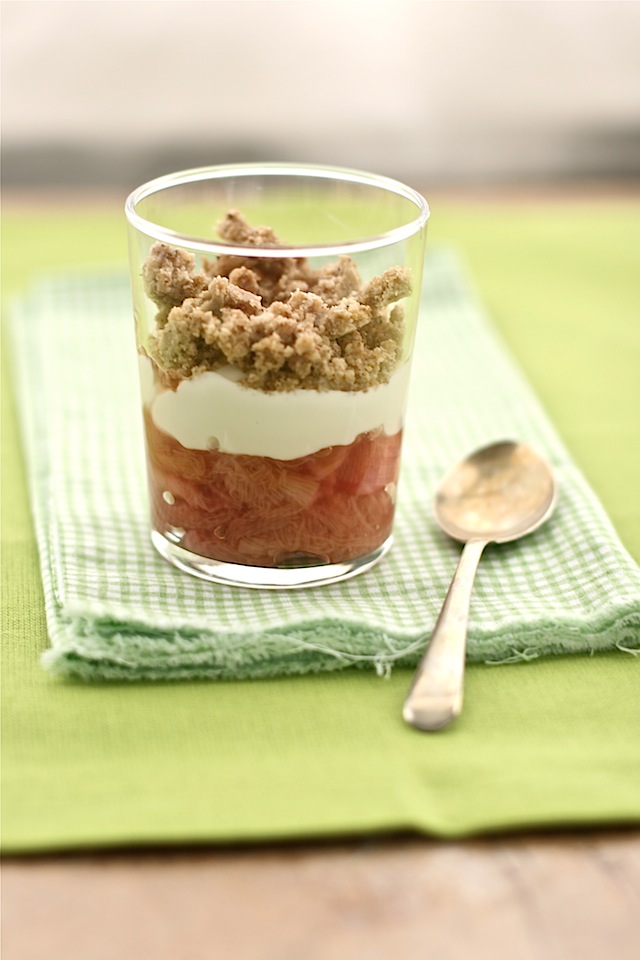 Rhubarb Quark Pudding Pots - Quick Easy Dessert Recipe in small glass pot with small spoon upon green napkins. 