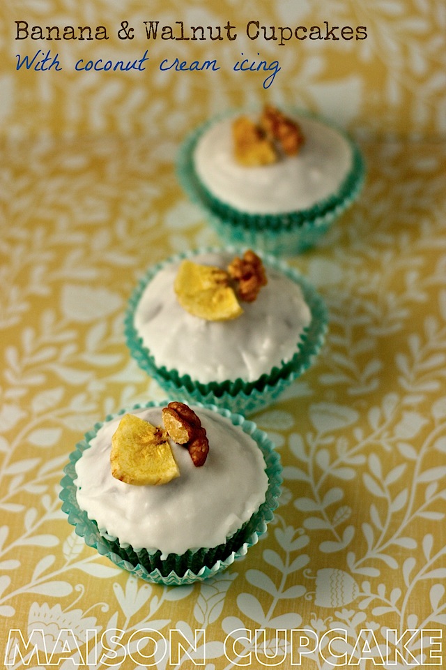 Banana and Walnut Cupcakes with Coconut Cream icing by development.maisoncupcake.com #cupcakes #baking #bananas #coconut