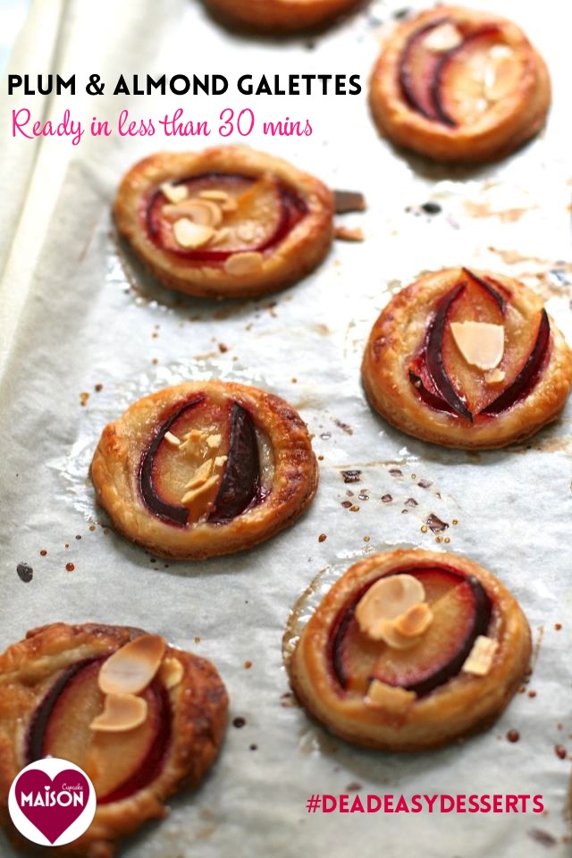 Plum and almond galettes, a Dead Easy Dessert by development.maisoncupcake.com using puff pastry, fresh fruit and nuts - ready in under 30 minutes #quick #easy #recipes