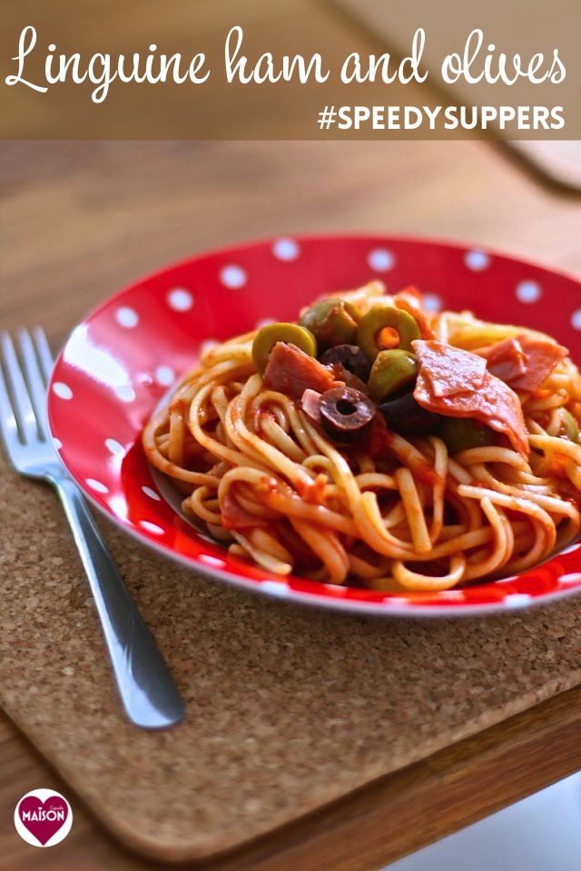 Linguine ham and olives a speedy supper recipe at development.maisoncupcake.com #pastarecipes #pasta #tomatoes #ham #familyfood 