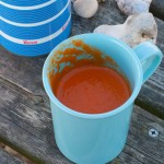 Roast tomato and pepper soup for a winter picnic, served in light blue plastic mugs and with a vintage striped blue and white flask.