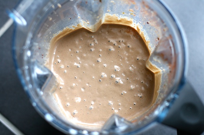 Dairy Free Chocolate Smoothie With Pumpkin Seed Butter made with reduced fat coconut milk and oats for a filling breakfast drink to start your day - mixed in the blender jug