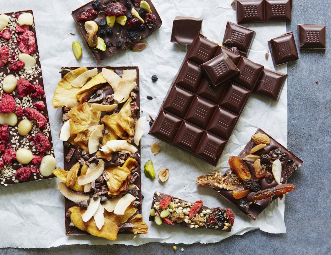 Homemade Chocolate Bars with Dried Fruit: How to make your own chocolate without flavourings, emulsifiers or powders. Rich and intense tempered glossy chocolate with a good "snap" when broken; make your own chocolate bars as edible gifts - recipe from Clean Cakes by Henrietta Inman