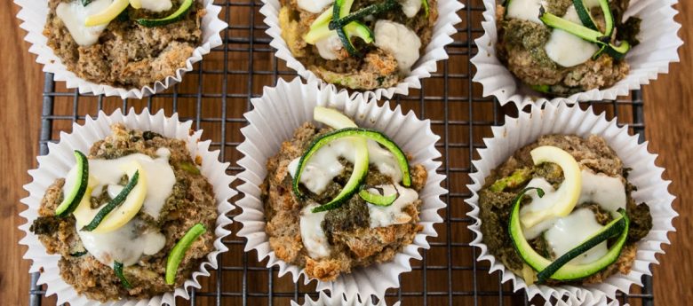Pesto courgette muffins - recipe using spiralizer although you can sub with grated courgette if you don't have a spiralizer