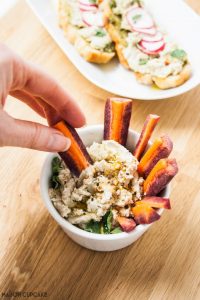 White bean bean dip with hummus and purple carrots