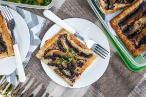 Simple but tasty portobello mushroom puff pastry tarts recipe with black olive tapenade - brilliant savoury pastry for picnics, packed lunches or light suppers