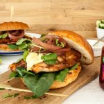 Sticky Salmon Burgers in Brioche Buns with Pickled Red Onion Rings