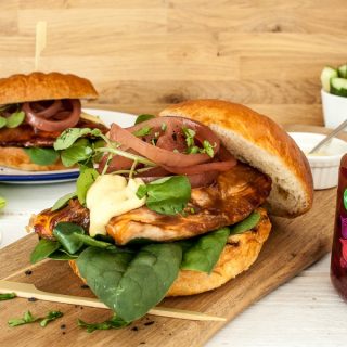 Sticky Salmon Burgers in Brioche Buns with Pickled Red Onion Rings