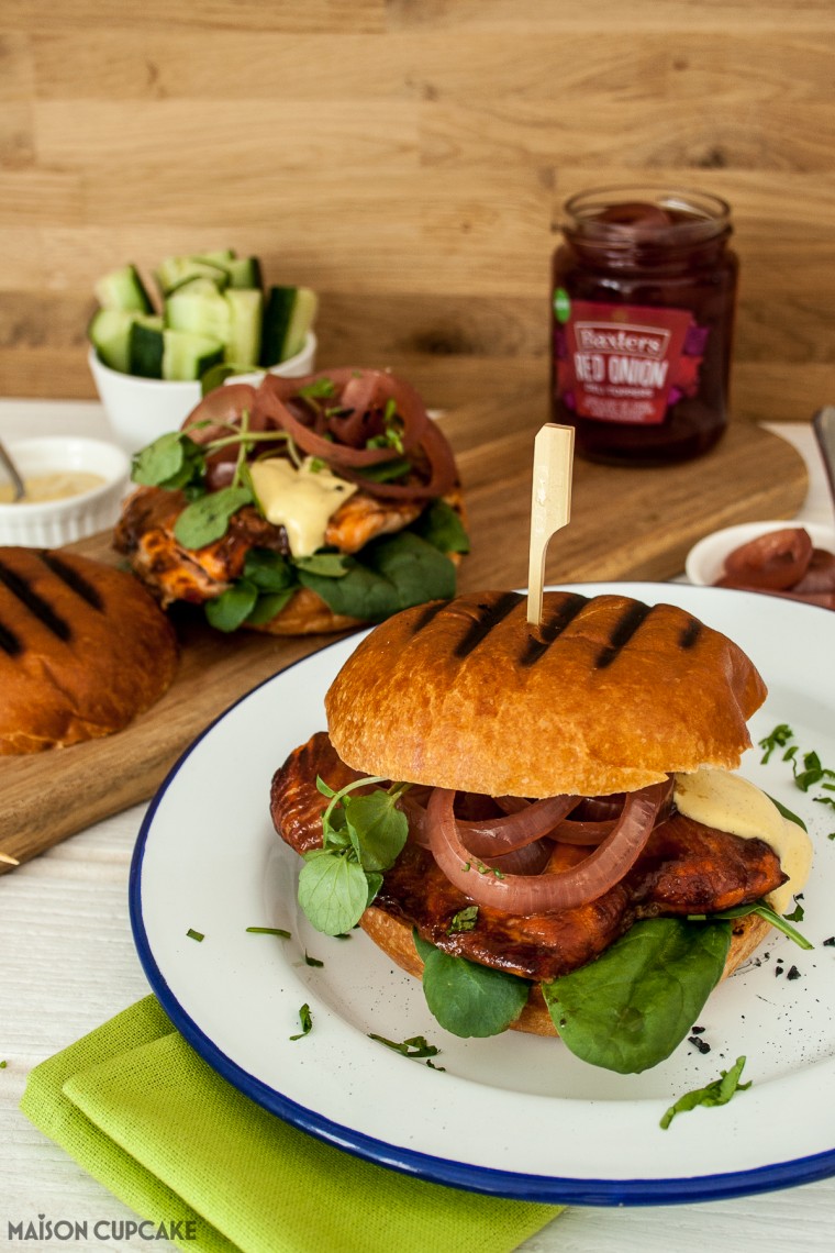 Sticky Salmon Burgers in Brioche Buns with Pickled Red Onion Rings