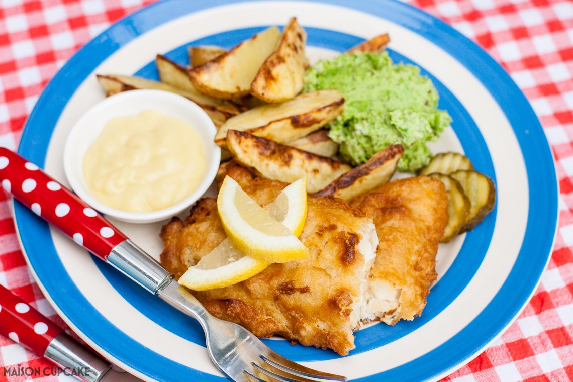 Combi Microwave Potato wedges served with battered cod and mushy peas